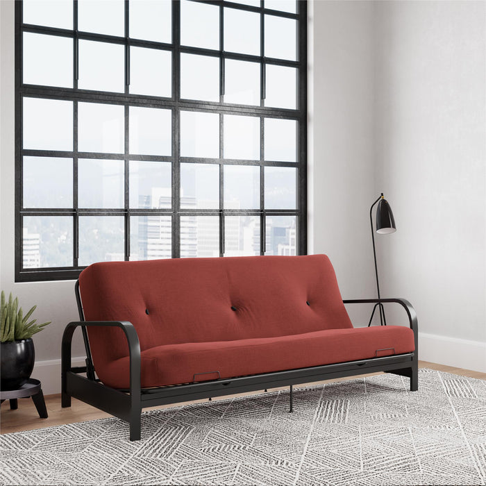 Armature de futon Cleo Dorel Home de format lit double avec accoudoirs en métal noir et matelas à rembourrage en polyester à haute densité thermolié de 6 po - rouge