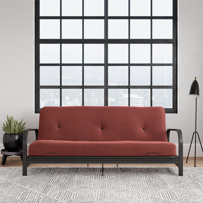 Armature de futon Cleo Dorel Home de format lit double avec accoudoirs en métal noir et matelas à rembourrage en polyester à haute densité thermolié de 6 po - rouge