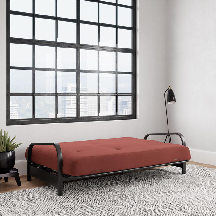 Armature de futon Cleo Dorel Home de format lit double avec accoudoirs en métal noir et matelas à rembourrage en polyester à haute densité thermolié de 6 po - rouge
