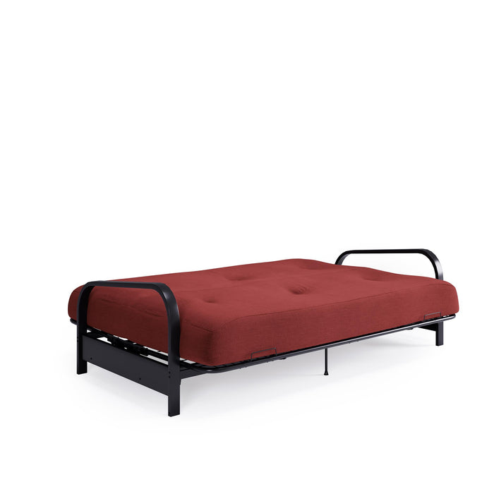 Armature de futon Cleo Dorel Home de format lit double avec accoudoirs en métal noir et matelas à rembourrage en polyester à haute densité thermolié de 6 po - rouge