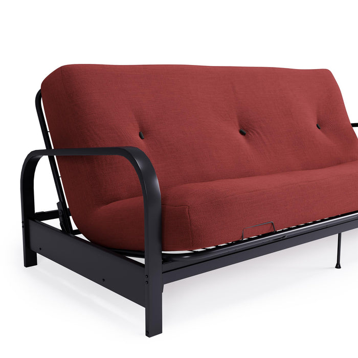 Armature de futon Cleo Dorel Home de format lit double avec accoudoirs en métal noir et matelas à rembourrage en polyester à haute densité thermolié de 6 po - rouge