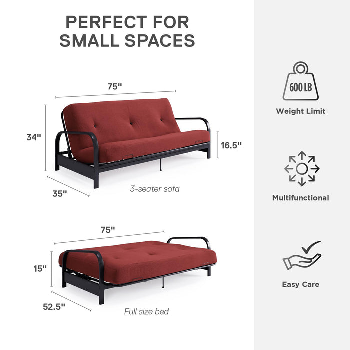 Armature de futon Cleo Dorel Home de format lit double avec accoudoirs en métal noir et matelas à rembourrage en polyester à haute densité thermolié de 6 po - rouge