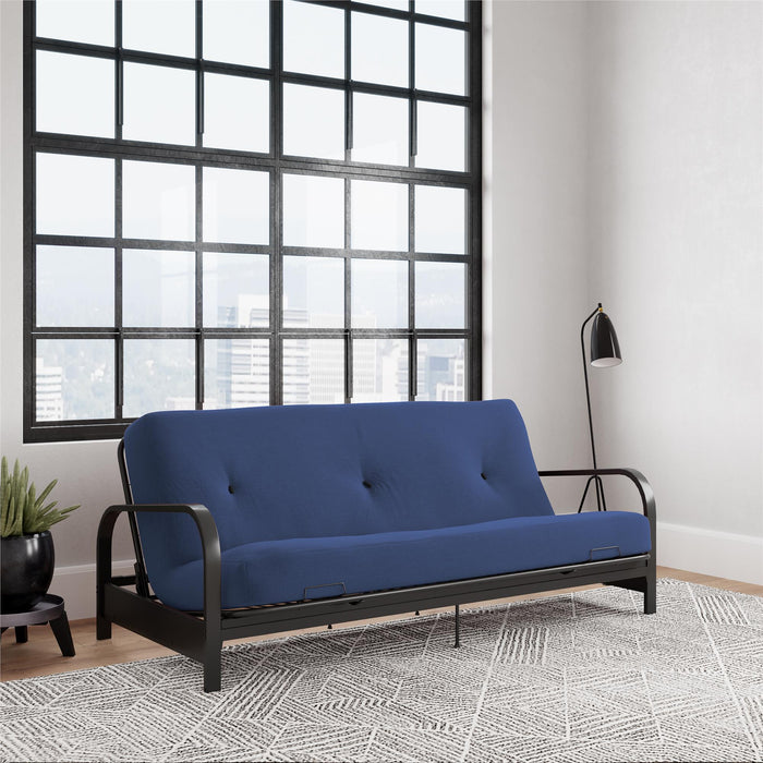 Armature de futon Cleo Dorel Home de format lit double avec accoudoirs en métal noir et matelas à rembourrage en polyester à haute densité thermolié de 6 po - bleu