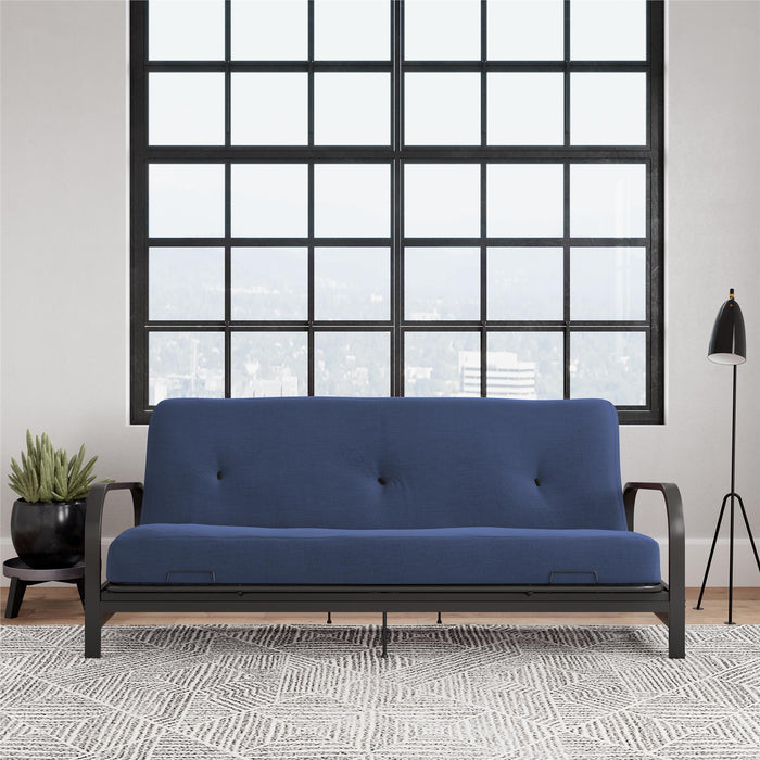 Armature de futon Cleo Dorel Home de format lit double avec accoudoirs en métal noir et matelas à rembourrage en polyester à haute densité thermolié de 6 po - bleu