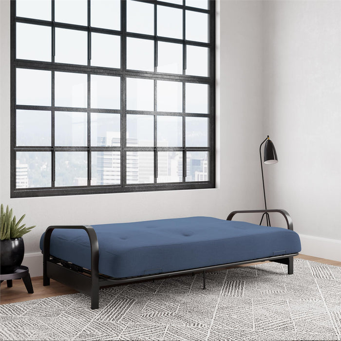 Armature de futon Cleo Dorel Home de format lit double avec accoudoirs en métal noir et matelas à rembourrage en polyester à haute densité thermolié de 6 po - bleu