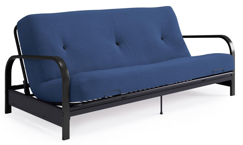 Armature de futon Cleo Dorel Home de format lit double avec accoudoirs en métal noir et matelas à rembourrage en polyester à haute densité thermolié de 6 po - bleu