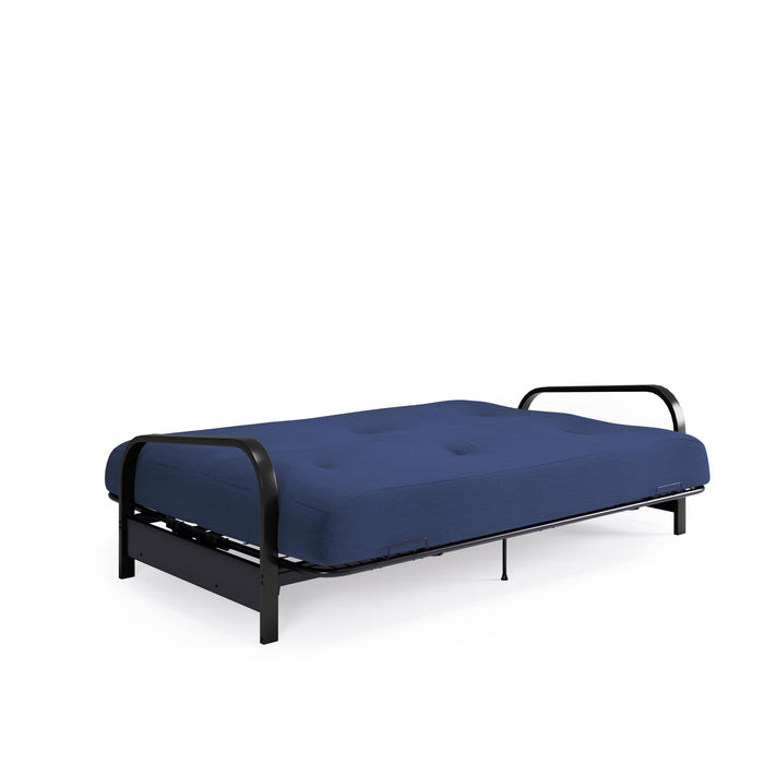 Armature de futon Cleo Dorel Home de format lit double avec accoudoirs en métal noir et matelas à rembourrage en polyester à haute densité thermolié de 6 po - bleu