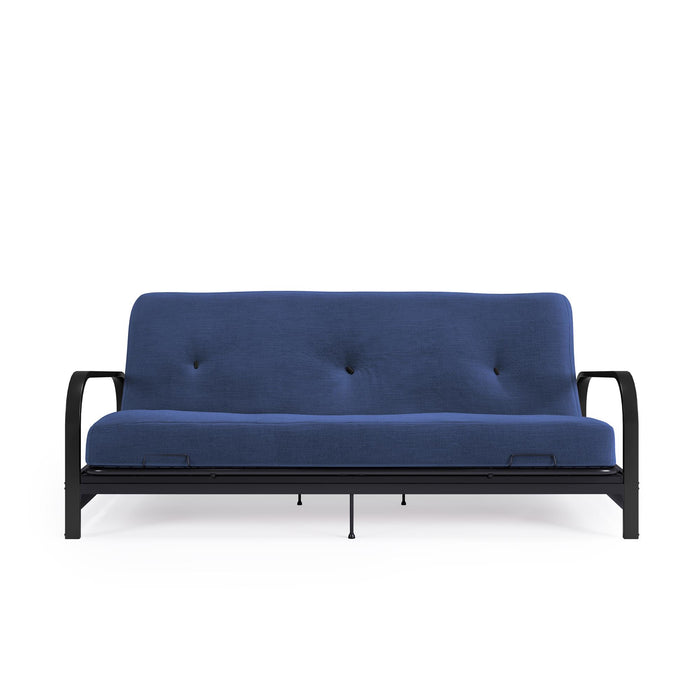 Armature de futon Cleo Dorel Home de format lit double avec accoudoirs en métal noir et matelas à rembourrage en polyester à haute densité thermolié de 6 po - bleu