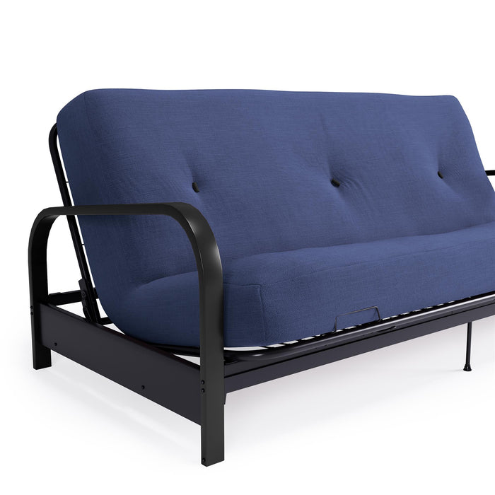 Armature de futon Cleo Dorel Home de format lit double avec accoudoirs en métal noir et matelas à rembourrage en polyester à haute densité thermolié de 6 po - bleu