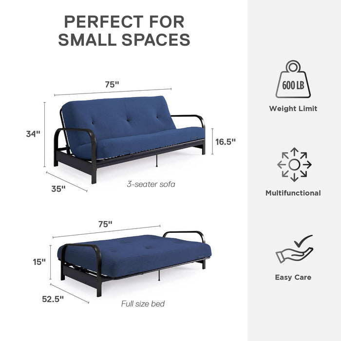 Armature de futon Cleo Dorel Home de format lit double avec accoudoirs en métal noir et matelas à rembourrage en polyester à haute densité thermolié de 6 po - bleu
