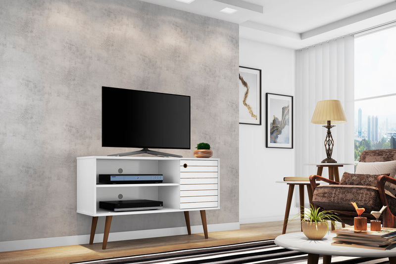 Meuble pour téléviseur Liberty de Manhattan Comfort de 42,52 po de style moderne du milieu du 20e siècle avec 2 tablettes et 1 porte - blanc et jaune
