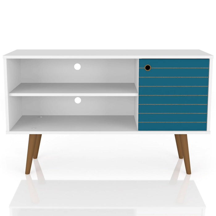 Meuble pour téléviseur Liberty de Manhattan Comfort de 42,52 po de style moderne du milieu du 20e siècle avec 2 tablettes et 1 porte - blanc et bleu turquoise
