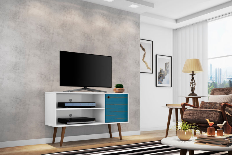 Meuble pour téléviseur Liberty de Manhattan Comfort de 42,52 po de style moderne du milieu du 20e siècle avec 2 tablettes et 1 porte - blanc et bleu turquoise