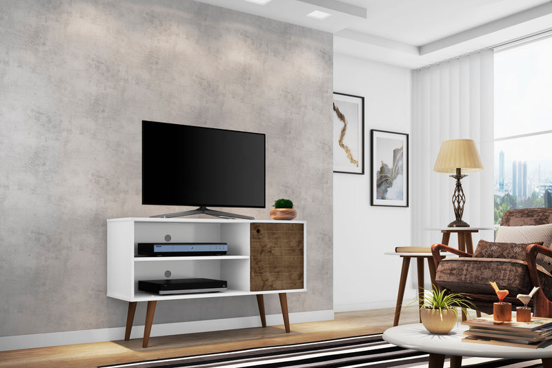 Meuble pour téléviseur Liberty de Manhattan Comfort de 42,52 po de style moderne du milieu du 20e siècle avec 2 tablettes et 1 porte - blanc et brun