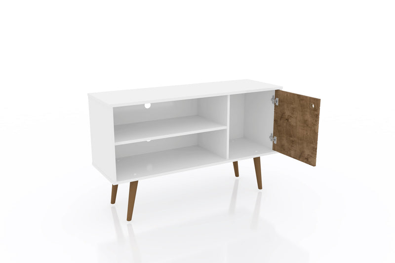 Meuble pour téléviseur Liberty de Manhattan Comfort de 42,52 po de style moderne du milieu du 20e siècle avec 2 tablettes et 1 porte - blanc et brun