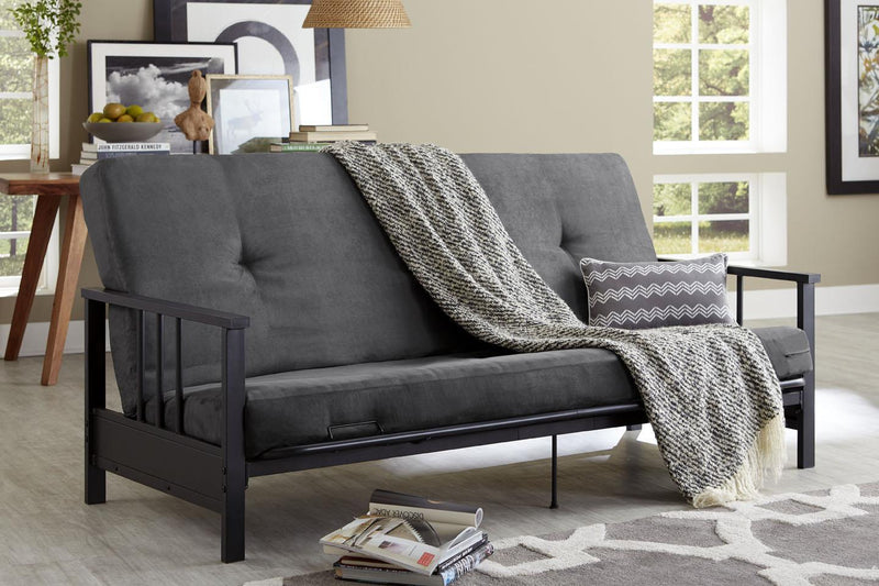 Futon Harlow Dorel Home de format lit double avec accoudoirs en métal avec matelas gris en microfibre de 6 po