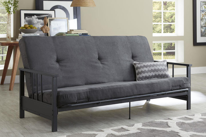 Futon Harlow Dorel Home de format lit double avec accoudoirs en métal avec matelas gris en microfibre de 6 po