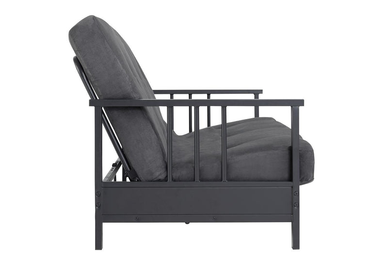 Futon Harlow Dorel Home de format lit double avec accoudoirs en métal avec matelas gris en microfibre de 6 po