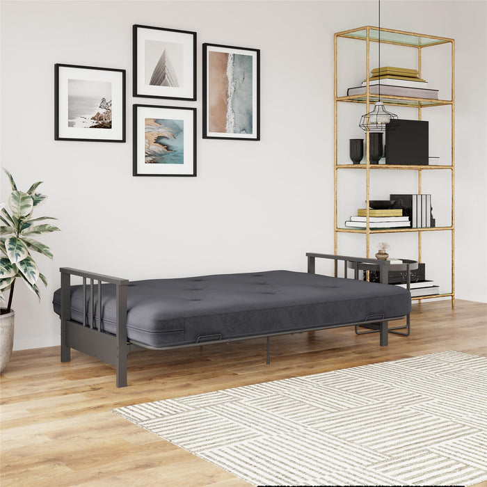Futon Harlow Dorel Home de format lit double avec accoudoirs en métal avec matelas gris en microfibre de 6 po