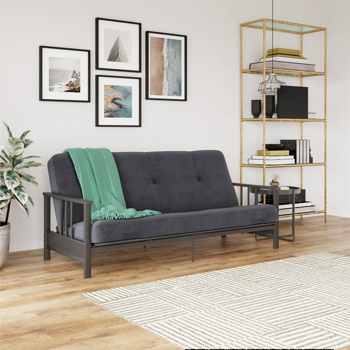 Futon Harlow Dorel Home de format lit double avec accoudoirs en métal avec matelas gris en microfibre de 6 po