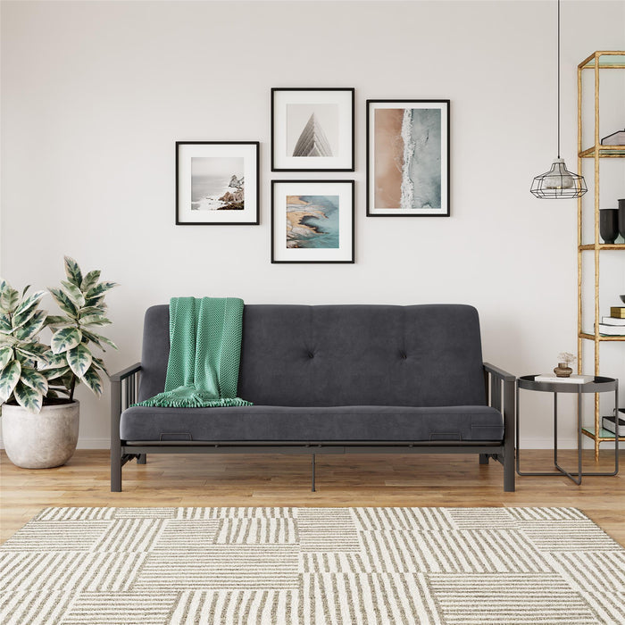 Futon Harlow Dorel Home de format lit double avec accoudoirs en métal avec matelas gris en microfibre de 6 po