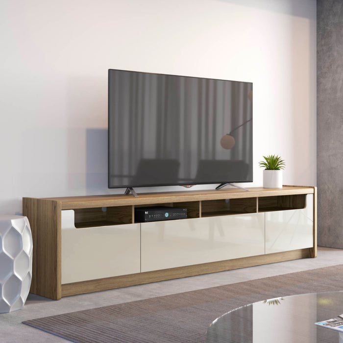 Meuble pour téléviseur Munoz de Manhattan Comfort de 87,12 po avec 3 compartiments et tablettes multimédias - blanc cassé lustré