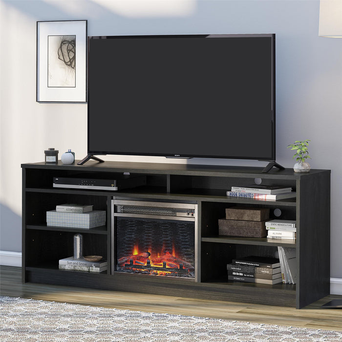 Meuble pour téléviseur Hendrix d’Ameriwood Home de 65 po avec foyer électrique et tablettes - chêne noir