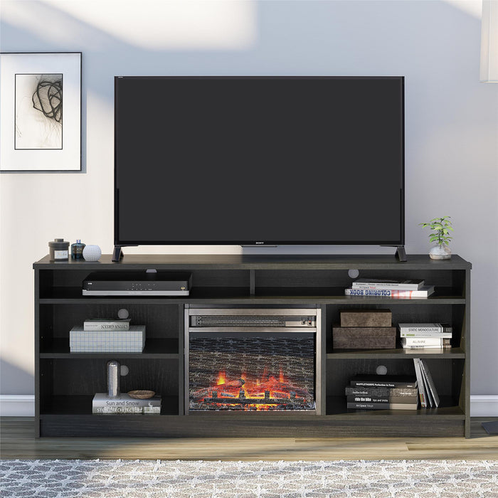 Meuble pour téléviseur Hendrix d’Ameriwood Home de 65 po avec foyer électrique et tablettes - chêne noir