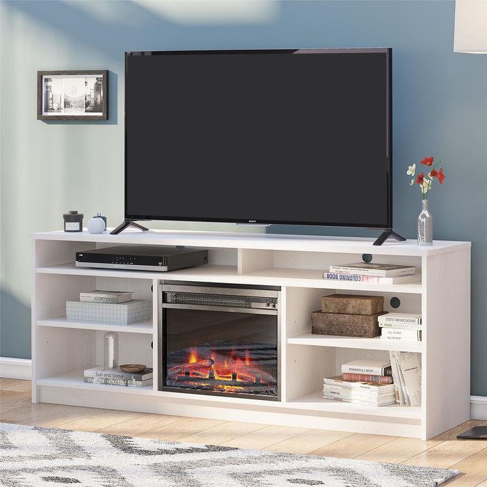 Meuble pour téléviseur Hendrix d’Ameriwood Home de 65 po avec foyer électrique et tablettes - chêne ivoire