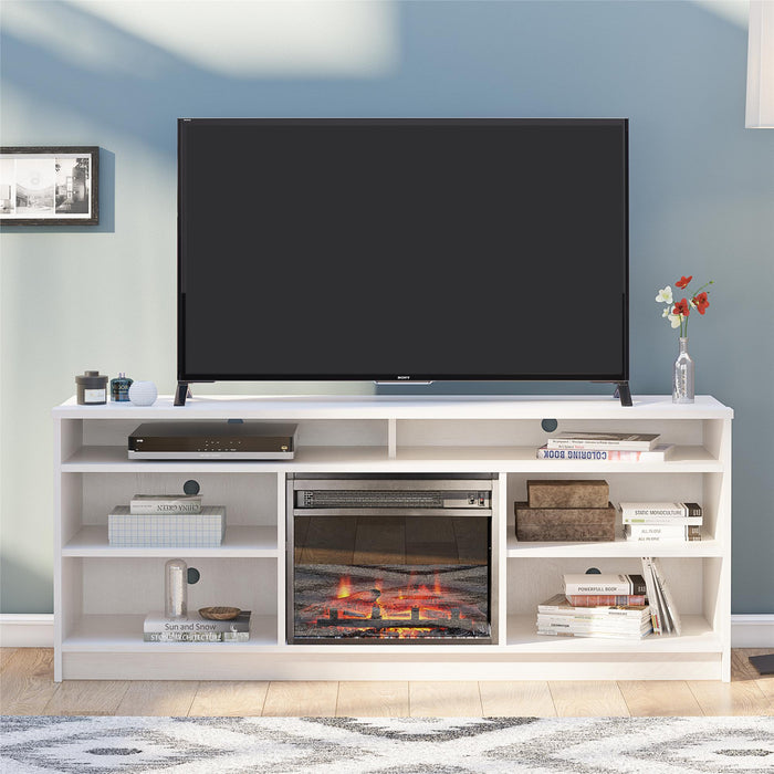Meuble pour téléviseur Hendrix d’Ameriwood Home de 65 po avec foyer électrique et tablettes - chêne ivoire