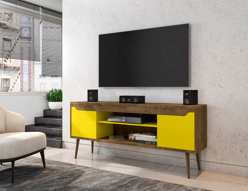 Meuble pour téléviseur Bradley de Manhattan Comfort de 62,99 po avec 2 tablettes multimédias et 2 tablettes de rangement - brun rustique et blanc