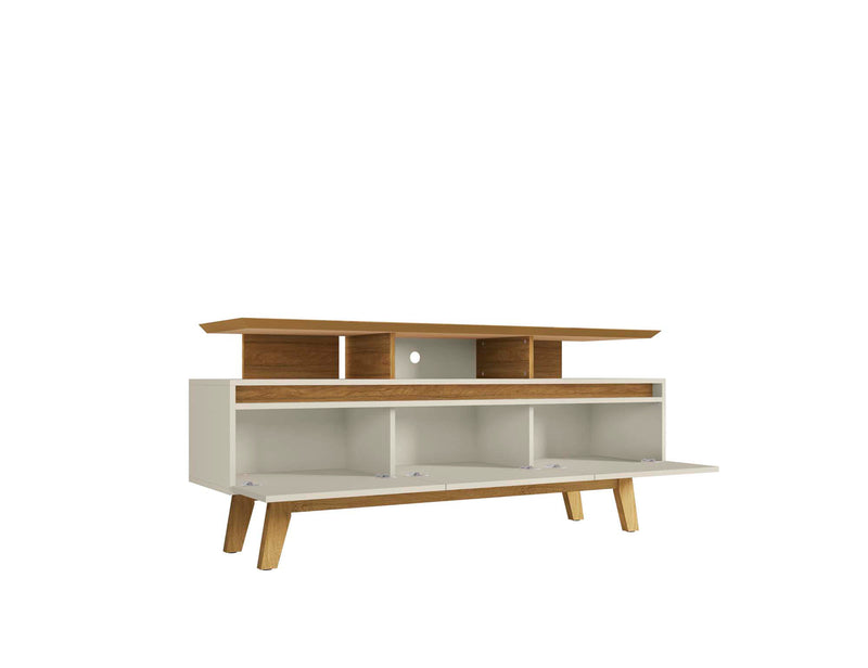 Meuble pour téléviseur Yonkers de Manhattan Comfort de 62,99 po avec pattes en bois massif et 6 compartiments de rangement multimédia - blanc cassé et cannelle