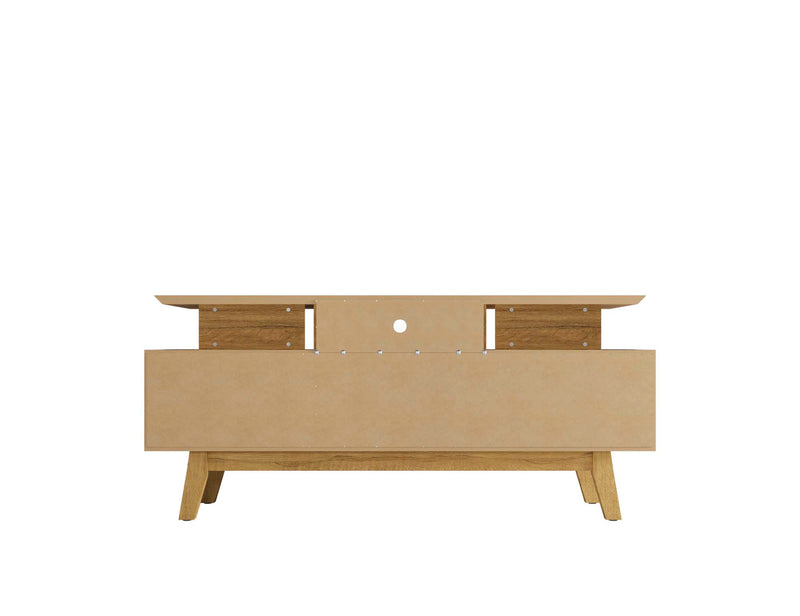 Meuble pour téléviseur Yonkers de Manhattan Comfort de 62,99 po avec pattes en bois massif et 6 compartiments de rangement multimédia - blanc cassé et cannelle