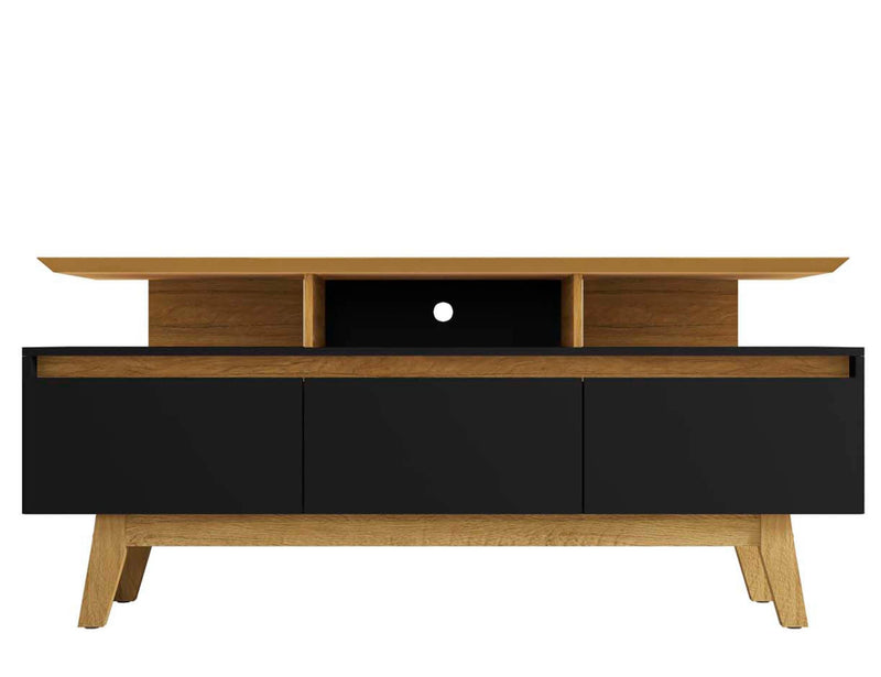 Meuble pour téléviseur Yonkers de Manhattan Comfort de 62,99 po avec pattes en bois massif et 6 compartiments de rangement multimédia - noir et cannelle