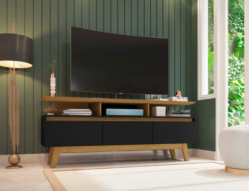 Meuble pour téléviseur Yonkers de Manhattan Comfort de 62,99 po avec pattes en bois massif et 6 compartiments de rangement multimédia - noir et cannelle