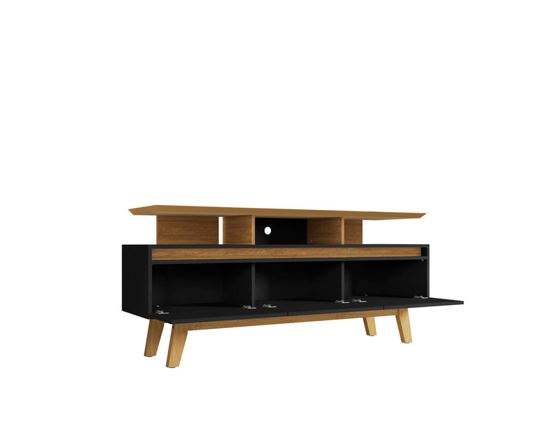 Meuble pour téléviseur Yonkers de Manhattan Comfort de 62,99 po avec pattes en bois massif et 6 compartiments de rangement multimédia - noir et cannelle