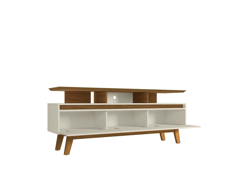 Meuble pour téléviseur Yonkers de Manhattan Comfort de 70,86 po avec pattes en bois massif et 6 compartiments de rangement multimédia - blanc cassé et cannelle