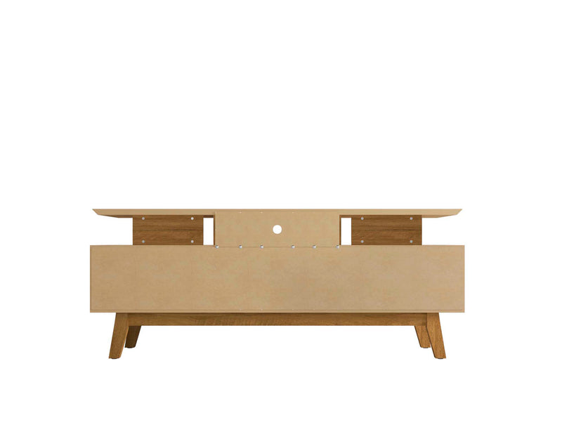 Meuble pour téléviseur Yonkers de Manhattan Comfort de 70,86 po avec pattes en bois massif et 6 compartiments de rangement multimédia - blanc cassé et cannelle