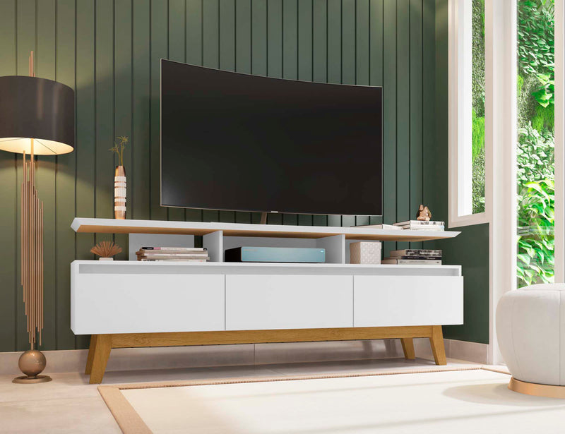 Meuble pour téléviseur Yonkers de Manhattan Comfort de 70,86 po avec pattes en bois massif et 6 compartiments de rangement multimédia - blanc