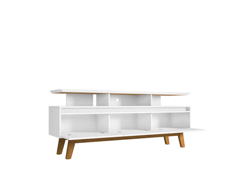 Meuble pour téléviseur Yonkers de Manhattan Comfort de 70,86 po avec pattes en bois massif et 6 compartiments de rangement multimédia - blanc