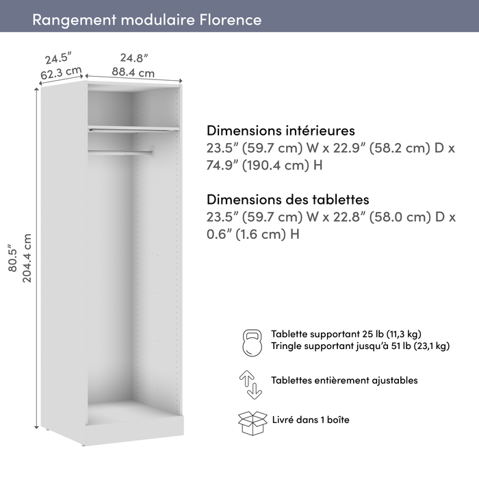 Système de garde-robe modulaire à espace pour suspendre Florence de Bestar de 25 po avec éclairage à DEL et tablette - blanc