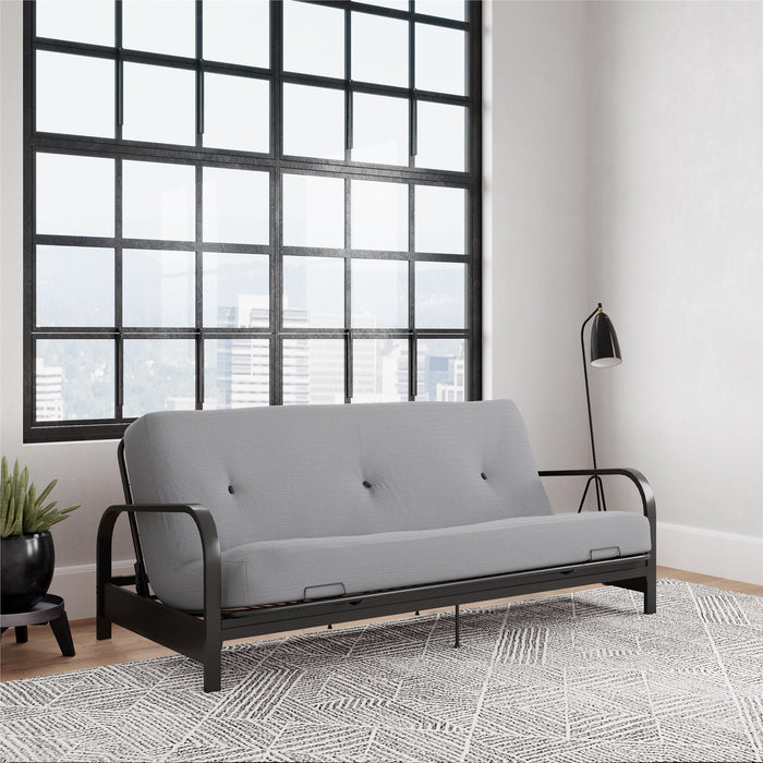 Armature de futon Cleo Dorel Home de format lit double avec accoudoirs en métal noir et matelas à rembourrage en polyester à haute densité thermolié de 6 po - gris