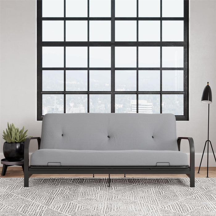 Armature de futon Cleo Dorel Home de format lit double avec accoudoirs en métal noir et matelas à rembourrage en polyester à haute densité thermolié de 6 po - gris