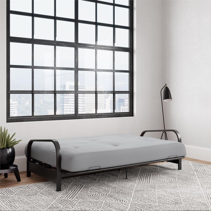 Armature de futon Cleo Dorel Home de format lit double avec accoudoirs en métal noir et matelas à rembourrage en polyester à haute densité thermolié de 6 po - gris