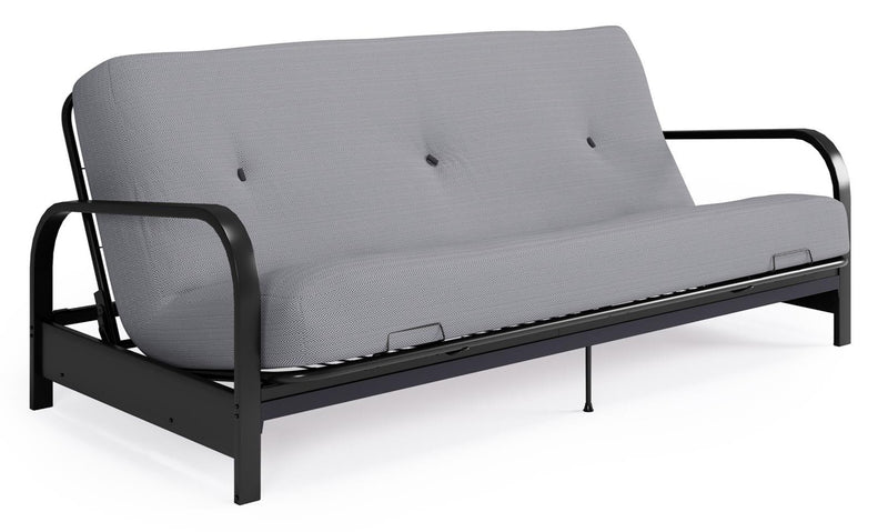 Armature de futon Cleo Dorel Home de format lit double avec accoudoirs en métal noir et matelas à rembourrage en polyester à haute densité thermolié de 6 po - gris