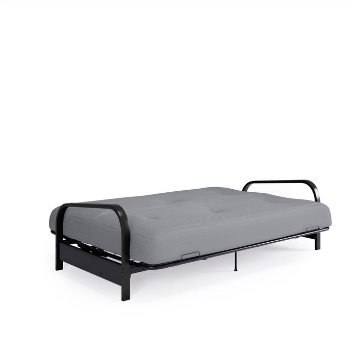 Armature de futon Cleo Dorel Home de format lit double avec accoudoirs en métal noir et matelas à rembourrage en polyester à haute densité thermolié de 6 po - gris