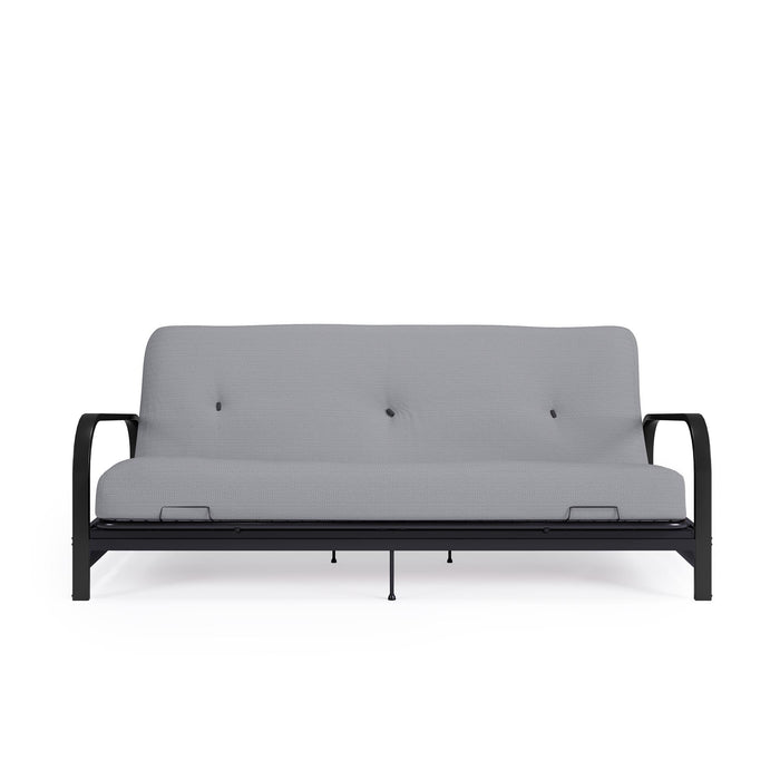 Armature de futon Cleo Dorel Home de format lit double avec accoudoirs en métal noir et matelas à rembourrage en polyester à haute densité thermolié de 6 po - gris