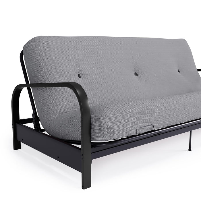 Armature de futon Cleo Dorel Home de format lit double avec accoudoirs en métal noir et matelas à rembourrage en polyester à haute densité thermolié de 6 po - gris