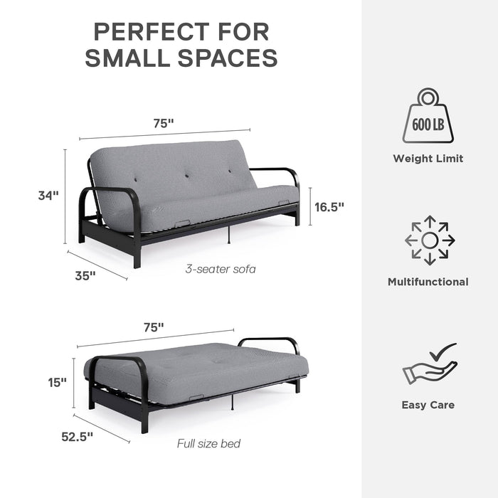 Armature de futon Cleo Dorel Home de format lit double avec accoudoirs en métal noir et matelas à rembourrage en polyester à haute densité thermolié de 6 po - gris