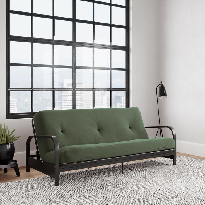 Armature de futon Cleo Dorel Home de format lit double avec accoudoirs en métal noir et matelas à rembourrage en polyester à haute densité thermolié de 6 po - vert